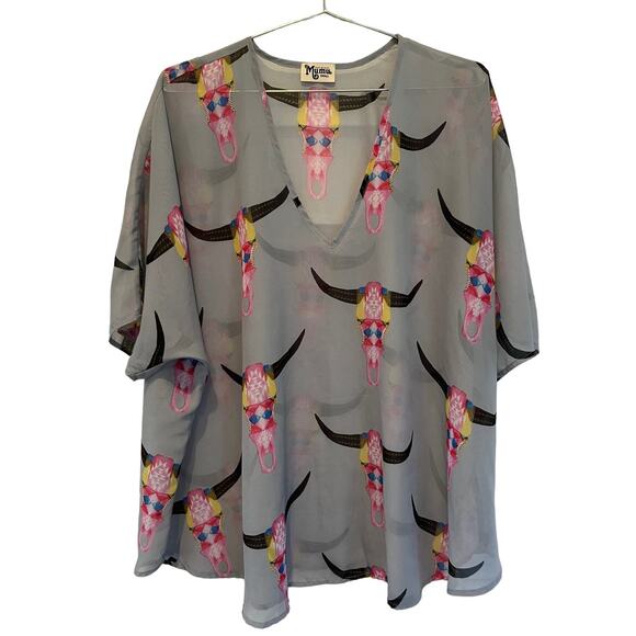 Show Me Your Mumu Donna Michelle Cow Skull Tunic Gray Blue Blouse Size S - Picture 1 of 5